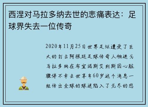 西涅对马拉多纳去世的悲痛表达：足球界失去一位传奇