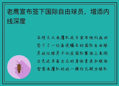 老鹰宣布签下国际自由球员，增添内线深度